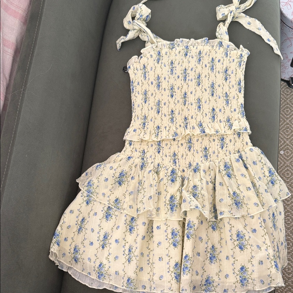Katie J NYC Cream Sundress with Blue Floral Print